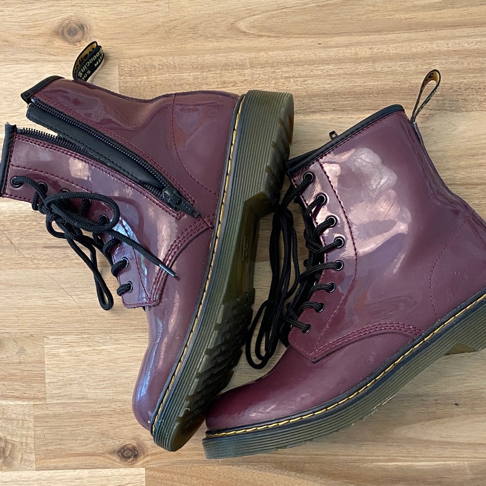 Dr Martens Purple Docs Women's Burgundy patent Vegan Leather Lace-Up Boots